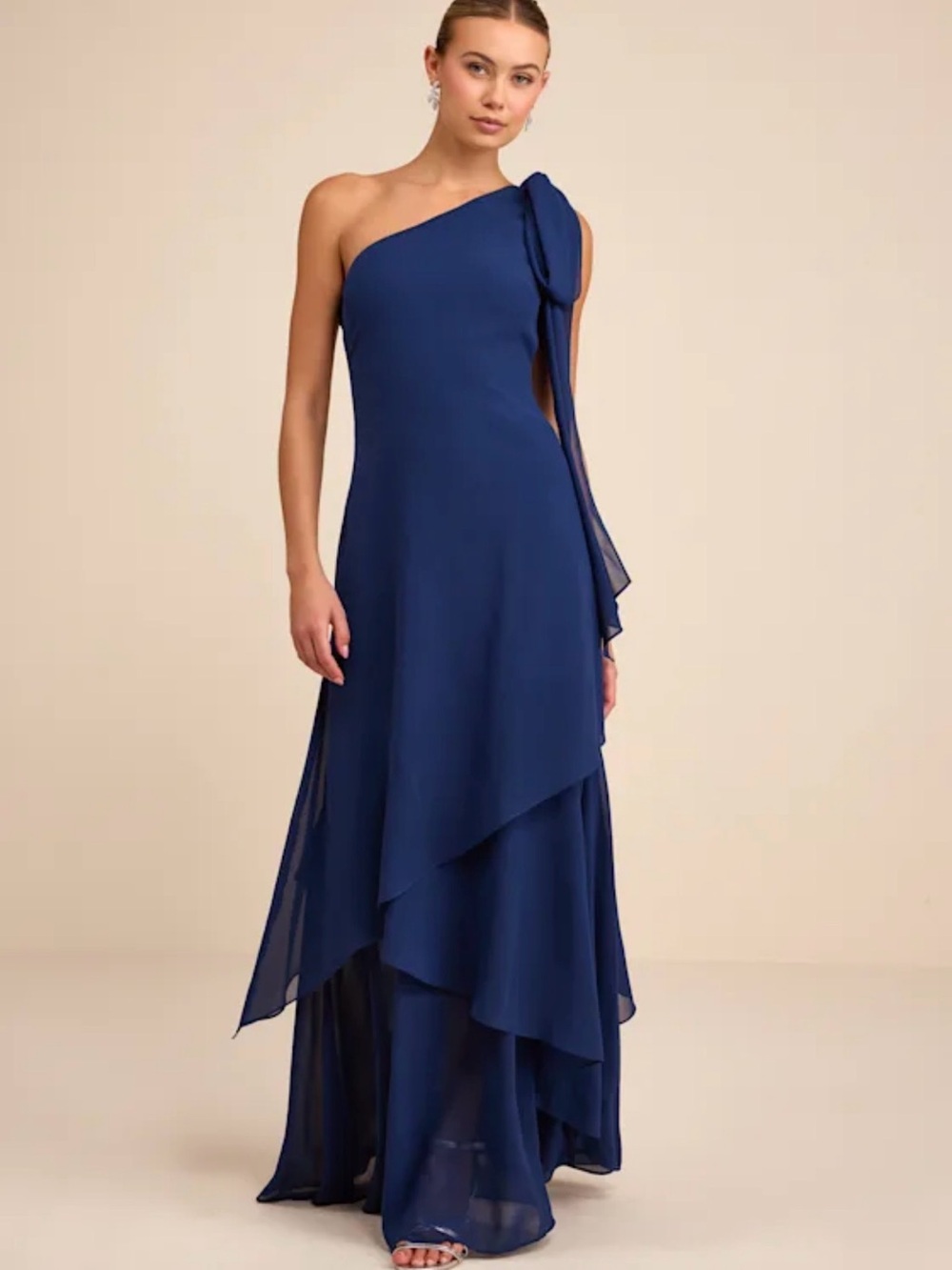 NWT Lulu's Camellia One-Shoulder Navy Layered Chiffon Evening Gown small